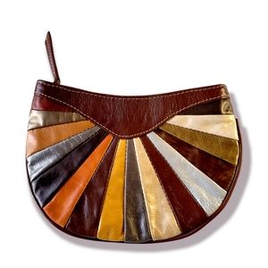 Artsy Boho Geometric Vegan Leather Metallic Brown Gold Mini Clutch Cosmetic Bag